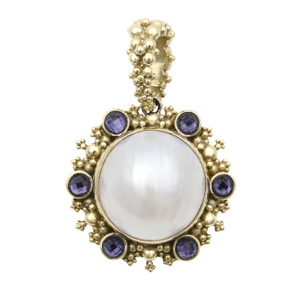Stephen Dweck White Pearl and Amethyst Earrings & Pendant Set 18K Yellow Gold - Picture 3 of 10
